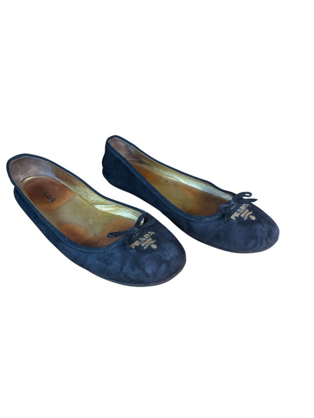 Prada Black Suede Logo Ballet Flats with Bow Accent Size EU 37.5